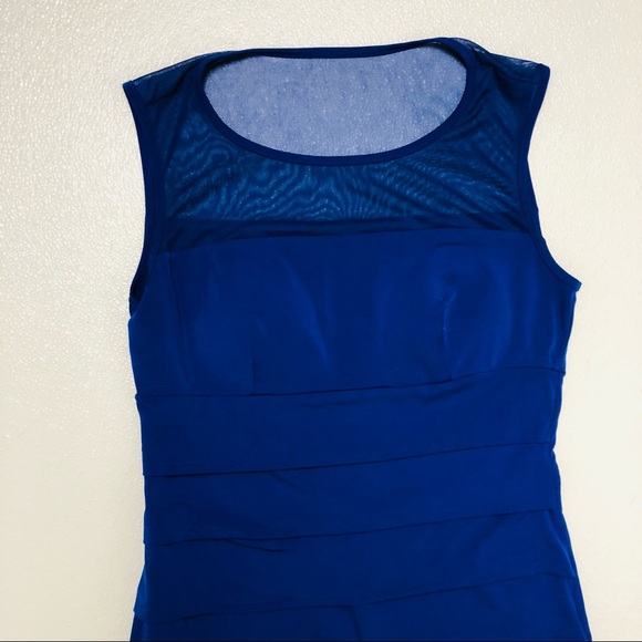Valerie Bertinelli Blue Sleeveless Layered Stretch Sheath cocktail mesh Dress 6 - Picture 4 of 10